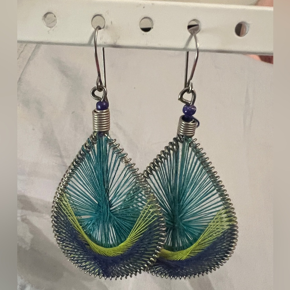 Wire wrapped thread earrings peacock